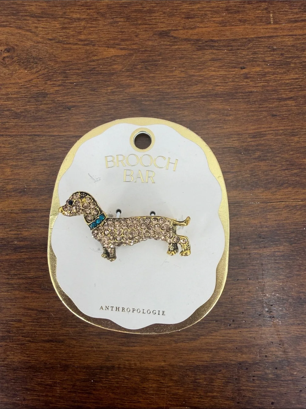Anthropologie Brown Crystal Dachshund Brooch Green Crystal Collar NWT